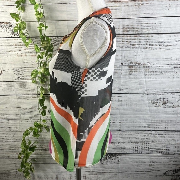 Desigual Blouse Tank Extra Small Orange Green Black Sheer Beads Cocktail Party - Picture 8 of 10